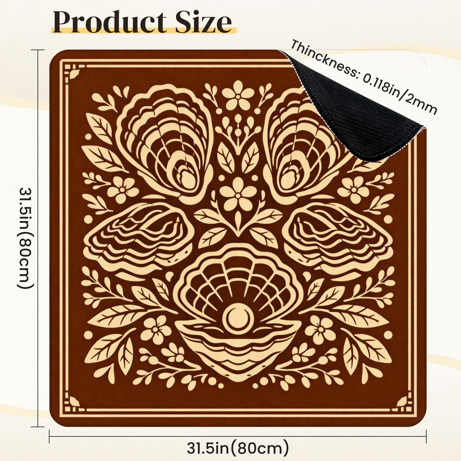 Mahjong Mat 31.5" x 31.5" Seashell Floral Leaf Motifs Brown Beige boho Non-Slip Noise Reduction Mahjong Tiles Table Cover for Dominoes Poker Card Board and Tile Games