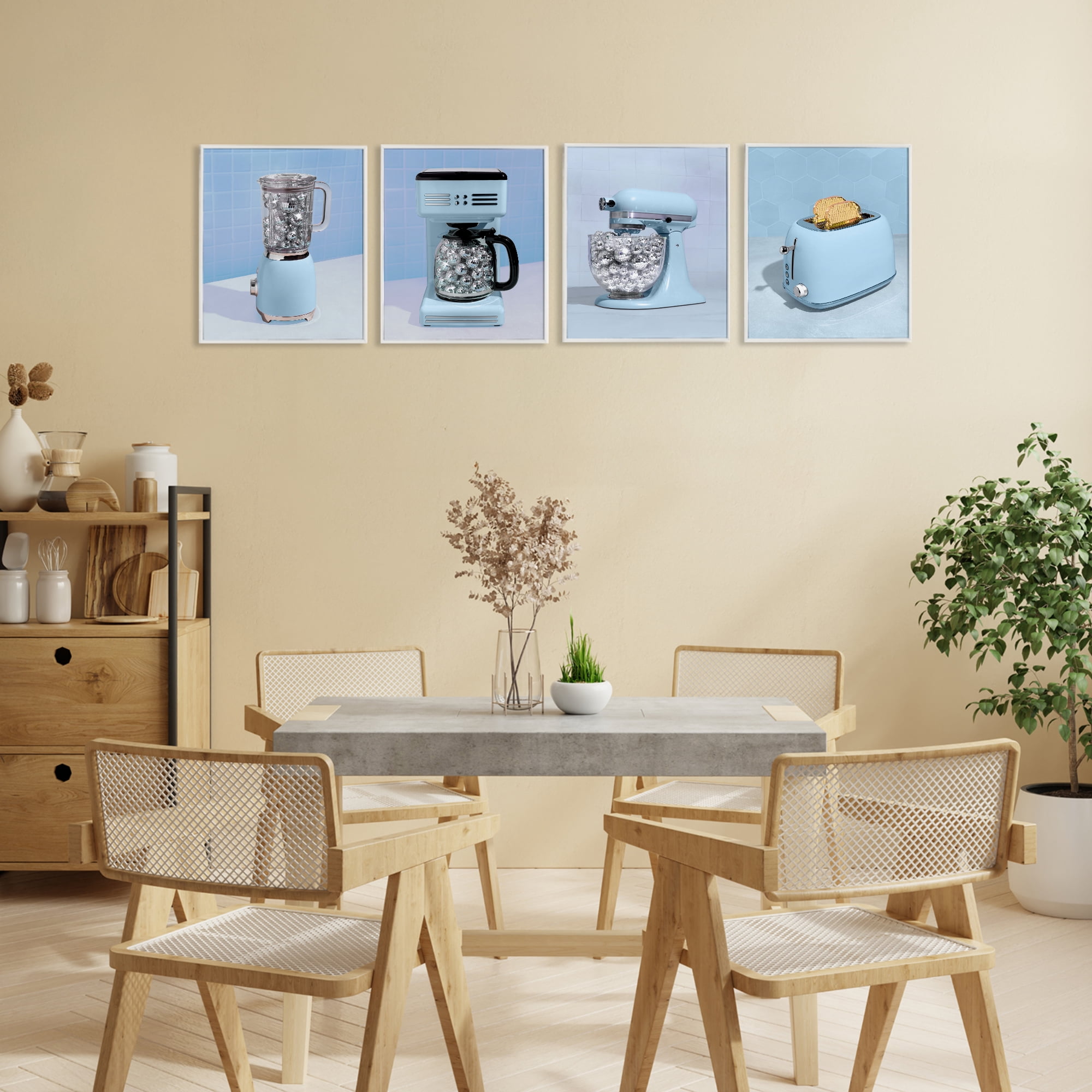 Stupell Industries Disco Kitchen Set over Blue 4 Piece White Framed Giclee Art Set, design by LISH Creative