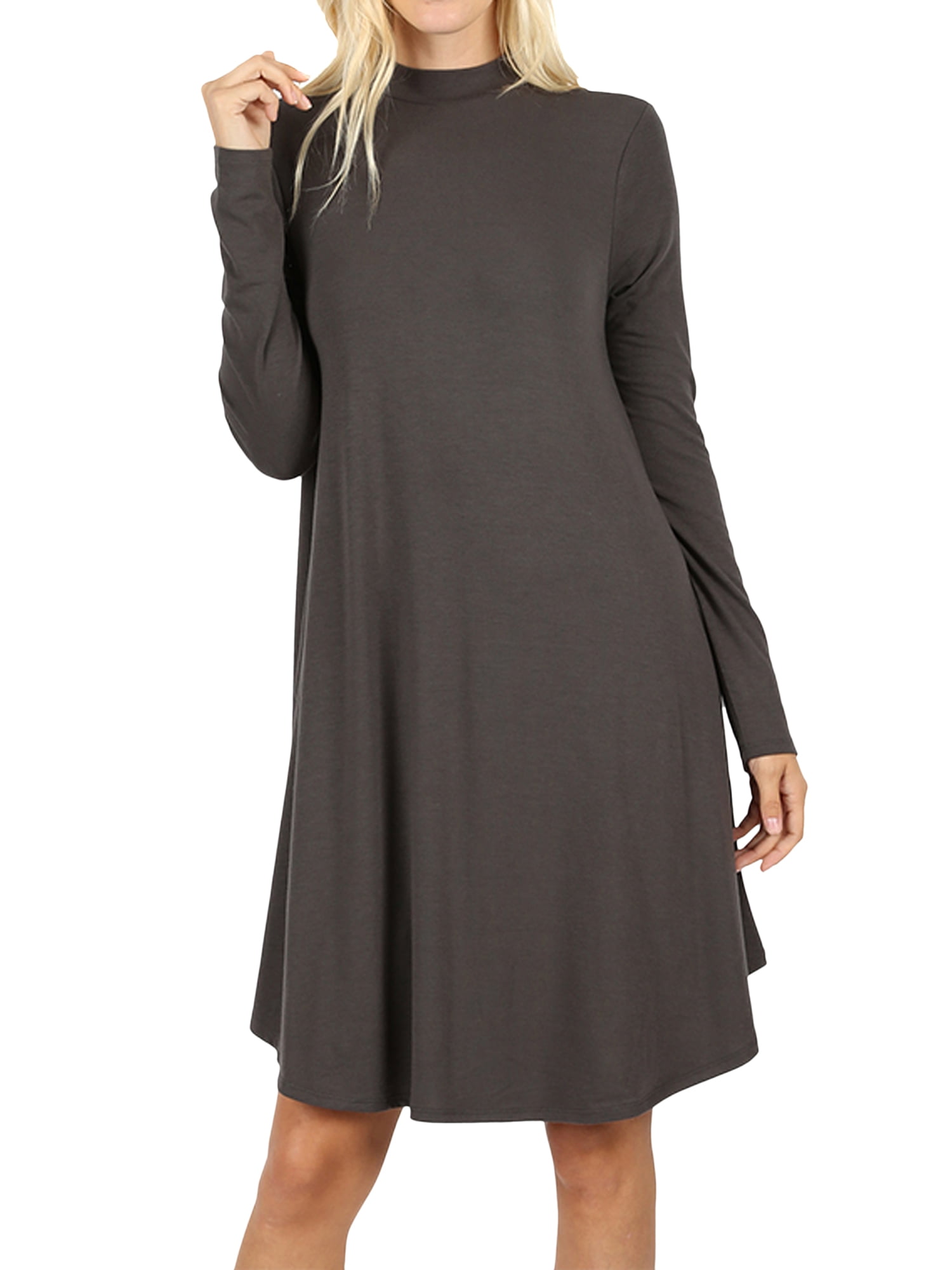 Womens & Plus Mock Neck Long Sleeve Flared A-Line Tunic Midi Dress with ...