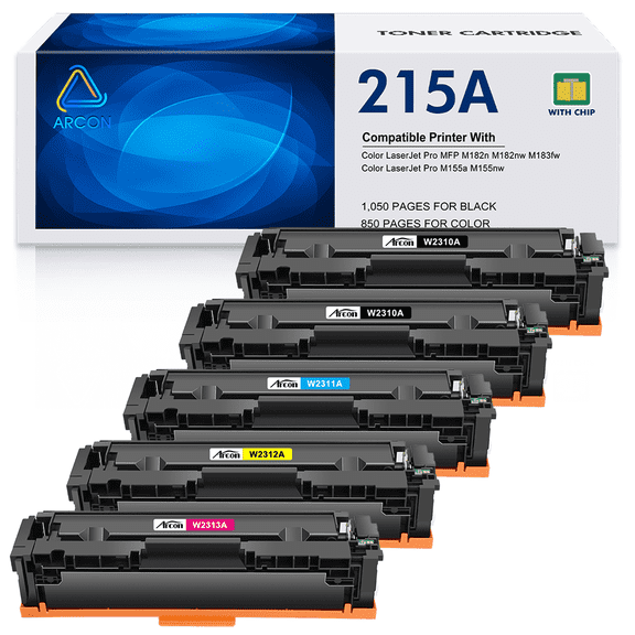 215A Toner Cartridges (with Chip) 215A Toner Cartridges 5 Pack W2310A W2311A W2312A W2313A for Color Pro MFP M183fw M182nw M182 M183 M155 (2Black Cyan Magenta Yellow)