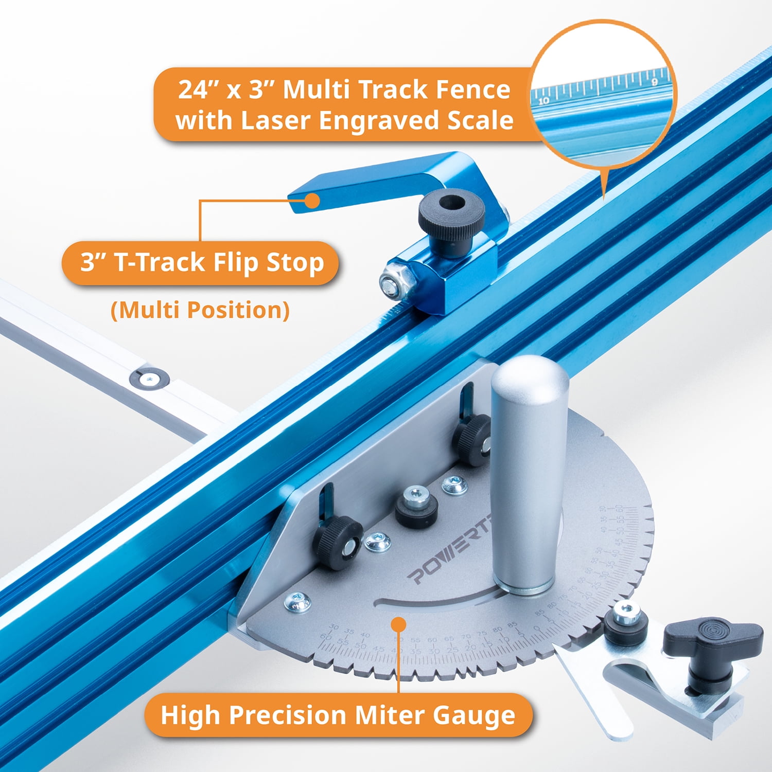 POWERTEC Table Saw Precision Miter Gauge System w/ 27 Angle Stops and 3/4”x 3/8”T-Slotted Miter Bar w/Removable T-Slot Plate; Includes 24”x 3” Multi T–Track Fence w/Scale, T-track Flip Stop, 71391