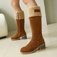 thumbnail image 2 of Pandaie Winter Boots for Women Chunky Heel Suede Snow Knee High Boots Comfortable Fleece Lined Pull on Warm Outdoor Shoes Khaki 5.5, 2 of 9