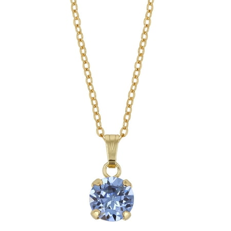 - X & O 14-KT Gold Plated 8mm Prong Set Light Sapphire Swarovski Pendant Necklace