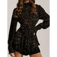 thumbnail image 6 of Women'S Floral Long Puff Sleeve Dress Chiffon Mock Neck Tie Waist Ruffle Layered Mini Dresses Black S, 6 of 8