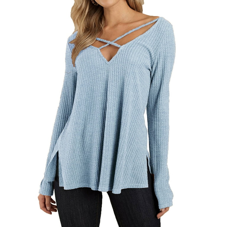 Plnotme Women's Long Sleeve Knit V-Neck Unique Crossover Front and Back Top Solid Color Loose Casual Simple Side Slit Tunic Shirt