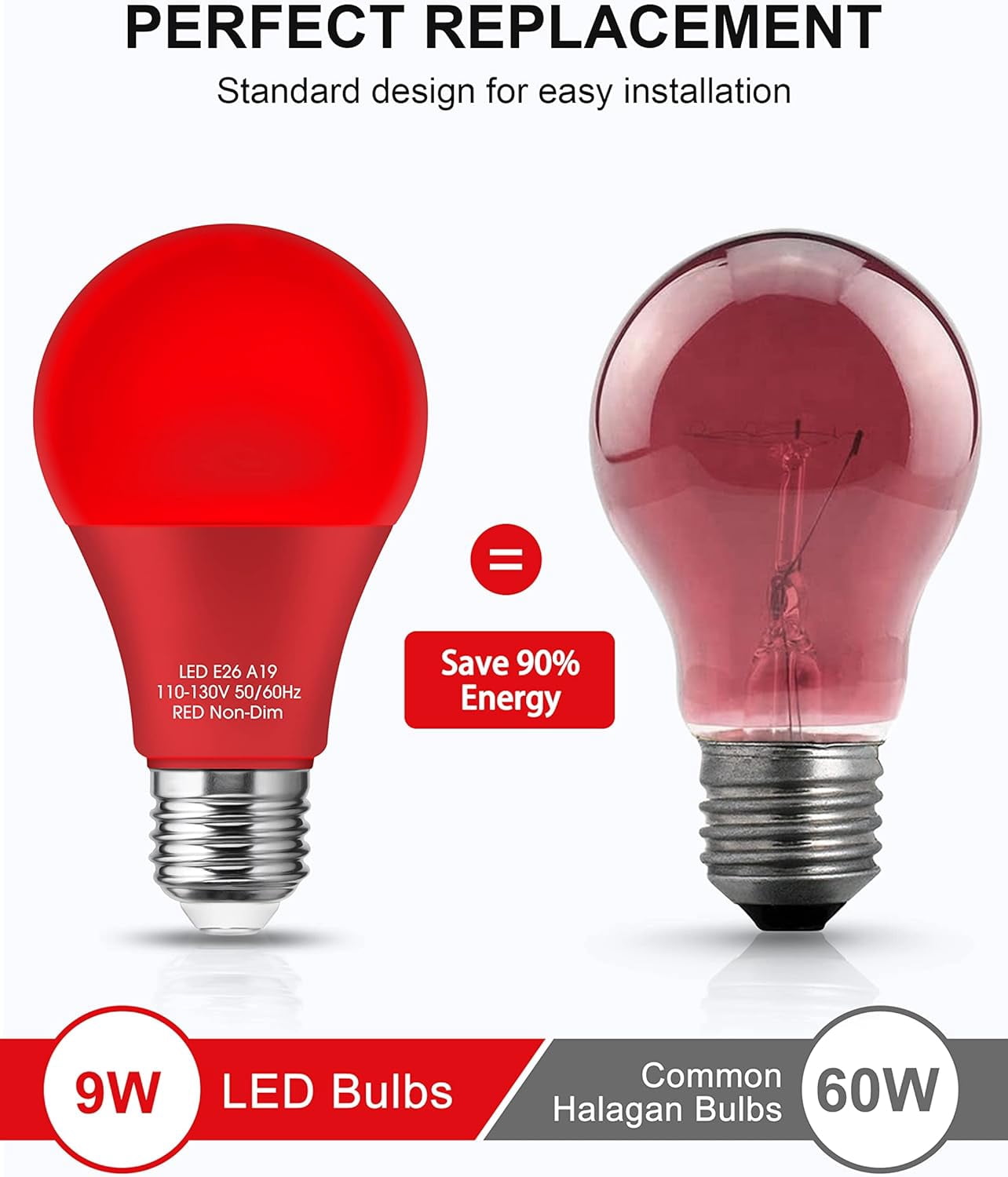 Red Light Bulbs [ 4 Pack] Christmas Light Bulbs 9W (60W Equivalent) A19 LED Red Light Bulb Indoor/Outdoor, E26 Base Non-Dimmable,720LM Porch Light for Christmas Day Decorations