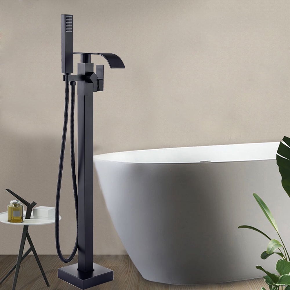 Matte Black Floor Mounted Bathtub Faucet Free Standing Tub Filler W/Hand Sprayer