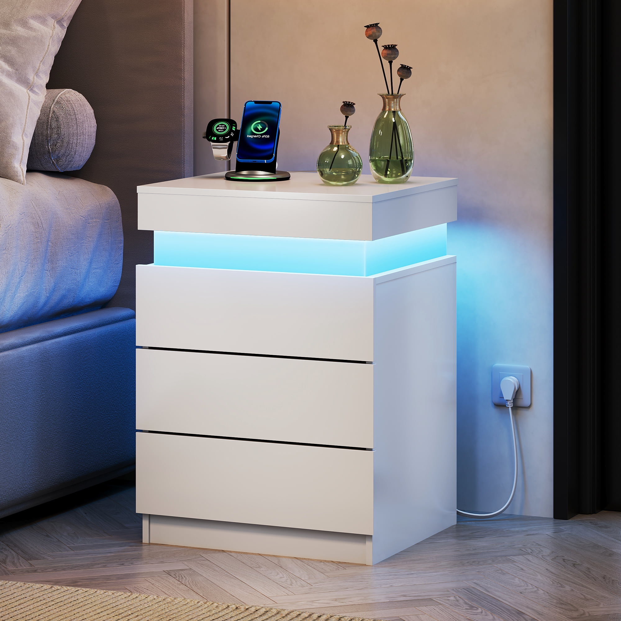 GALAXHERO Nightstand with Charging Station, LED Lights, Side Table with Sliding Top, 3 Drawers Bedside Table with Hidden Space, Modern End Table for Bedroom, Living Room, White