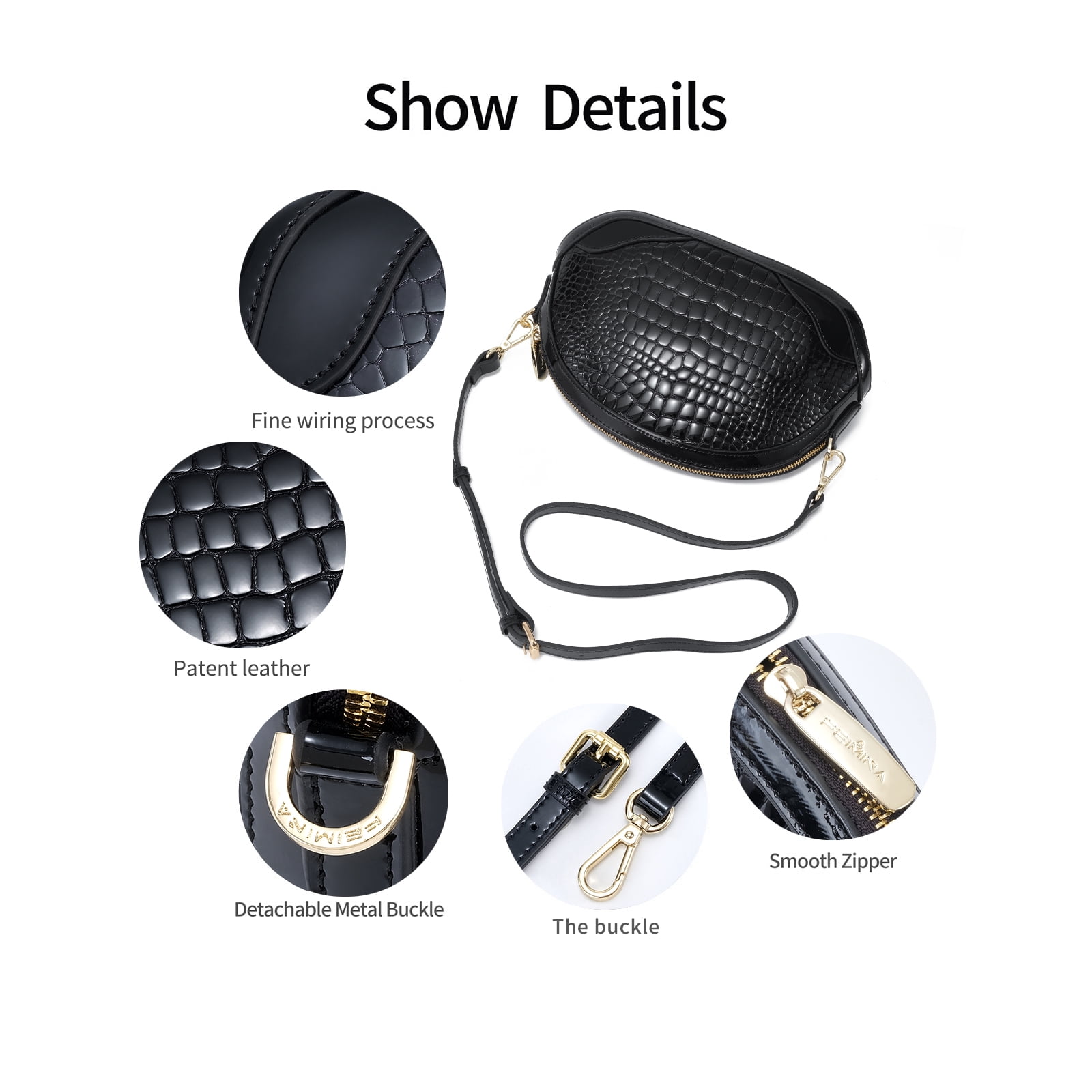 FEIMINA Genuine Leather Crossbody Bag, Womens Black Tote Bag/Purse Lots Of Pockets, Crocodile Shoulder Bag, Designer Purses,  Lightweight Dome Tote (Black)