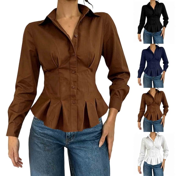 Women Lapel Collar Button Down Shirt Long Sleeve Slim Fit Waist Cinched Peplum Hem Flared Blouse Elegant Fitted Casual office Shirts for Spring Autumn White