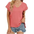 thumbnail image 1 of Mujeres de Verano Tops Nuevo Color Sólido Cuello en V Manga Corta con una Hendidura en el Doblado, Poliéster, 1 of 8