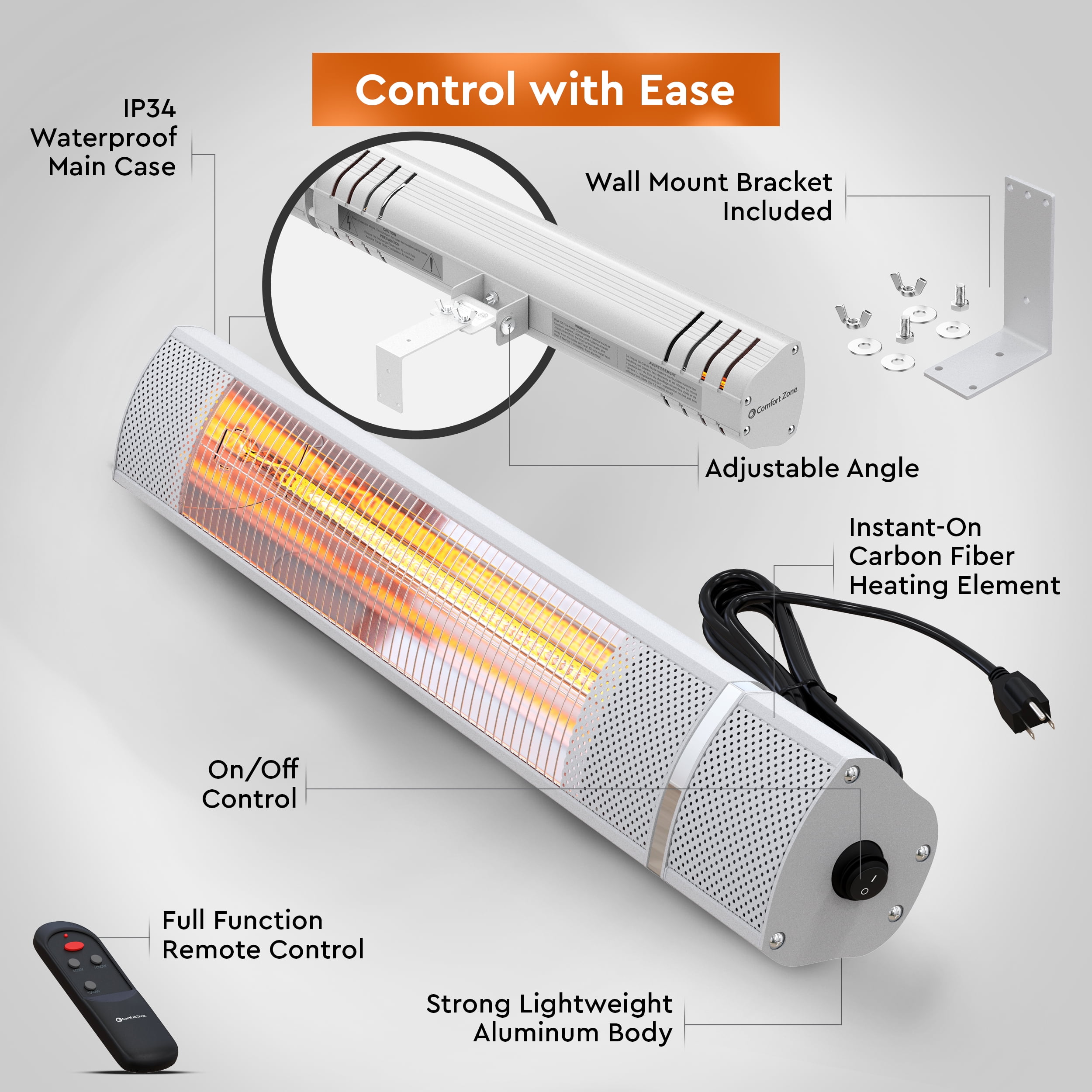 Comfort Zone 1,500-Watt Indoor/Outdoor Patio Heater with Remote, IP65  Waterproof rated for Outdoor Use in Wet Conditions, Wall-Mountable,  Overheat Protection, and Safety Tip-over Switch - Walmart.com