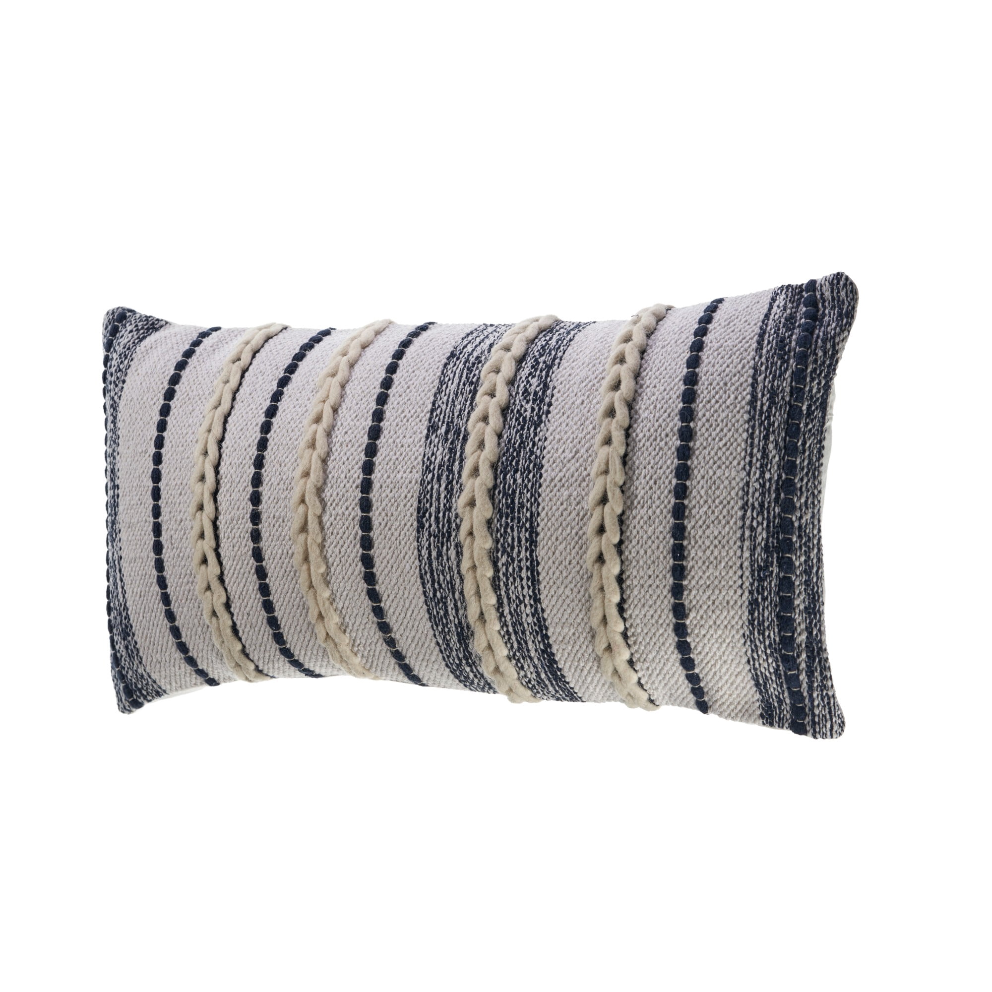 Laddha Home Designs Loomed Braided Striped Lumbar Pillow Cover - 28" - Navy Blue and White