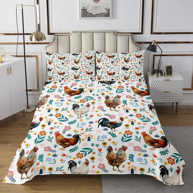 Erosebridal Rooster Chicken Quilt Sets for King Size Bed for Kids, Colorful Flower Floral Bed Set, White, Lightweight 3pcs