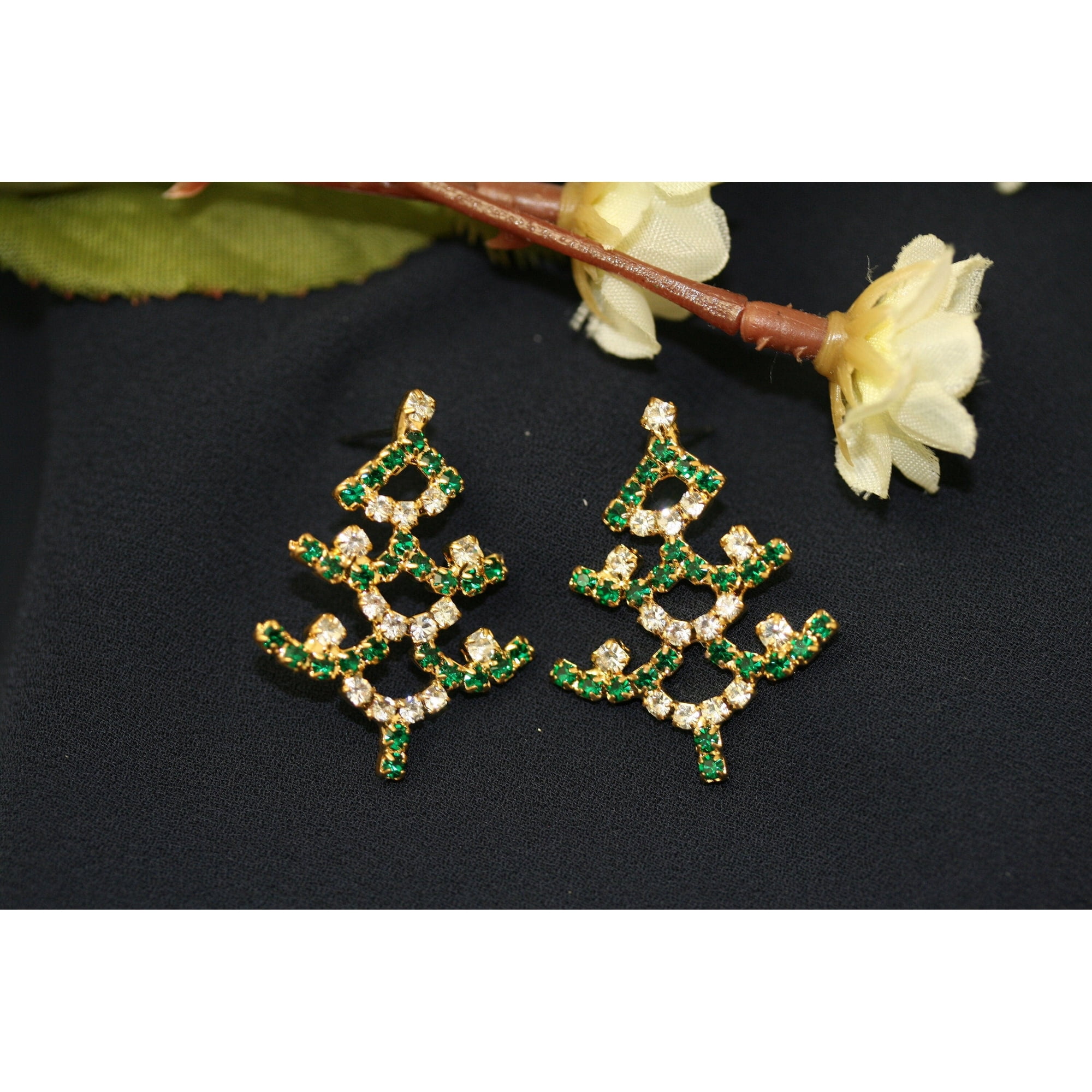 Rhinestone Christmas Tree Earring, Fashion Holiday Costume Jewelry, Xmas Gift Jewelry