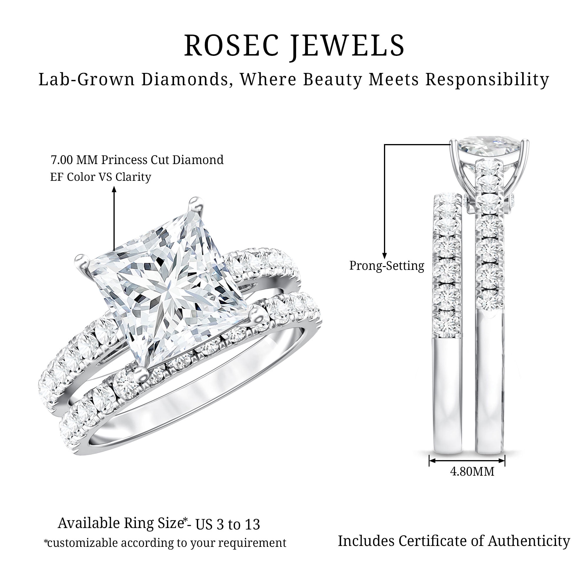 Rosec Jewels IGI Certified 2 Carat Lab Grown Diamond Princess Cut Engagement Ring Set for Women - E-VS1 Quality - With Jewelry Box, 14K White Gold, US 3.50