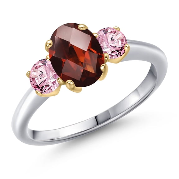Gem Stone King 925 Silver and 10K Yellow Gold Red Garnet and Pink Lab Grown Diamond Engagement Ring for Women | 2.03 Cttw | Oval Checkerboard 8X6MM | Gemstone January Birthstone | Size 6