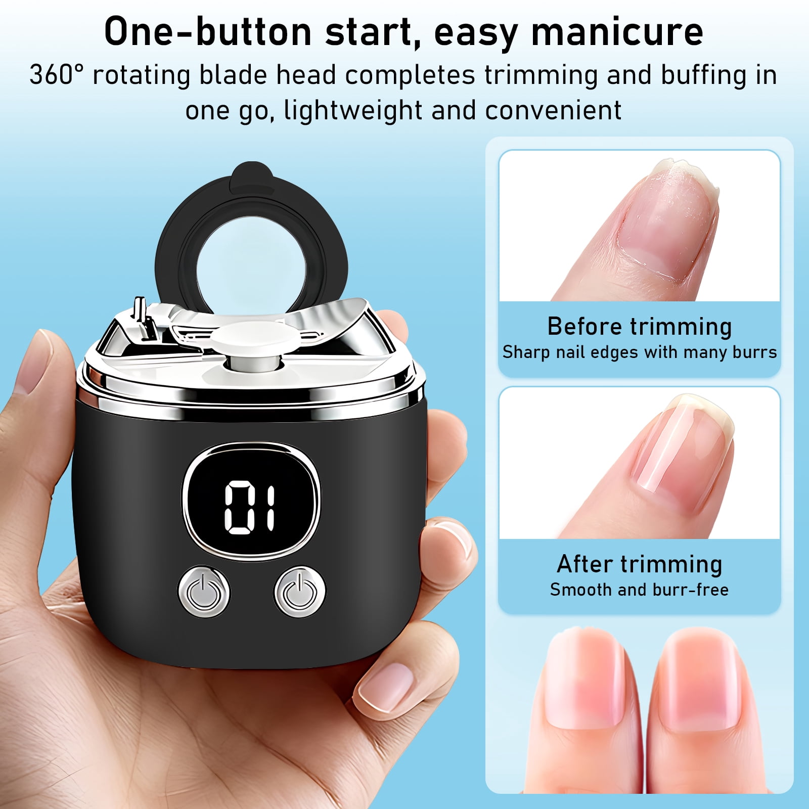 Hemvt Upgraded All-in-One Electric Nail Clipper with LED Light and Magnifier, 3 Speed Adjustable Automatic Nail Trimmer for Adults and Seniors, Low-noise Operation, Portable Nail Care Kit, Black