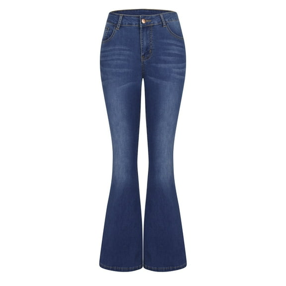 Women's High Waisted Denim Pants Bell Bottom Slim Stretch Flare Distressed Jeans Ankle Length Solid Trousers
