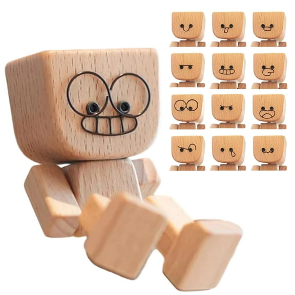 Homemoh Shaking Wooden Man Figurine,Charming Little Wooden Figure That Sways with 12 PCS Magnetic Expressions,Handmade Shaking Feet Car Dashboard Decorations Creative Wood Desktop Decor