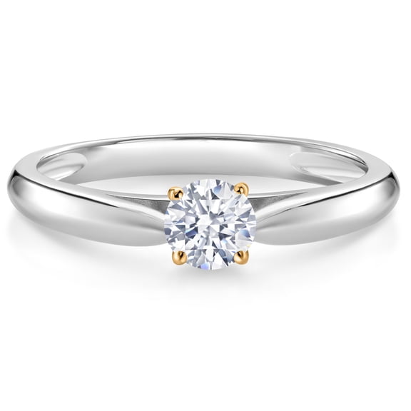 Gem Stone King 925 Silver and 10K Yellow Gold Ring White Zirconia Solitaire Engagement Ring for Women (0.25 Cttw, Gemstone, Round 4MM, Size 7)