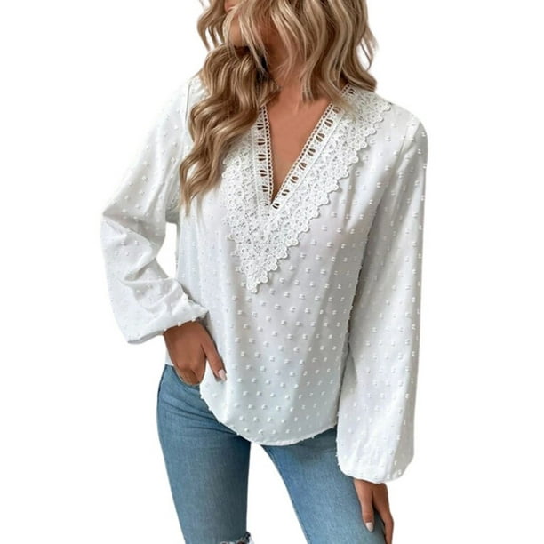 adviicd Womens Tops Trendy Women's Fashion Blouse Tops Casual Long Sleeve V  Neck Collared Shirts White,S
