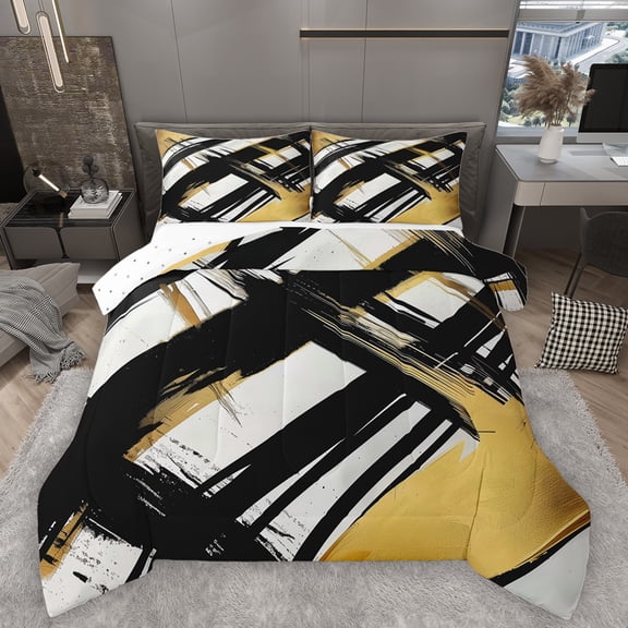 Homewish Black Golden Stripes Lines Bedding Comforter Set 2pcs for Female Men Adults,Vintage Aesthetic Twin Comforter Sets Microfiber,Geometric Theme Breathable Bedding Set,Luxury Bedroom Decor