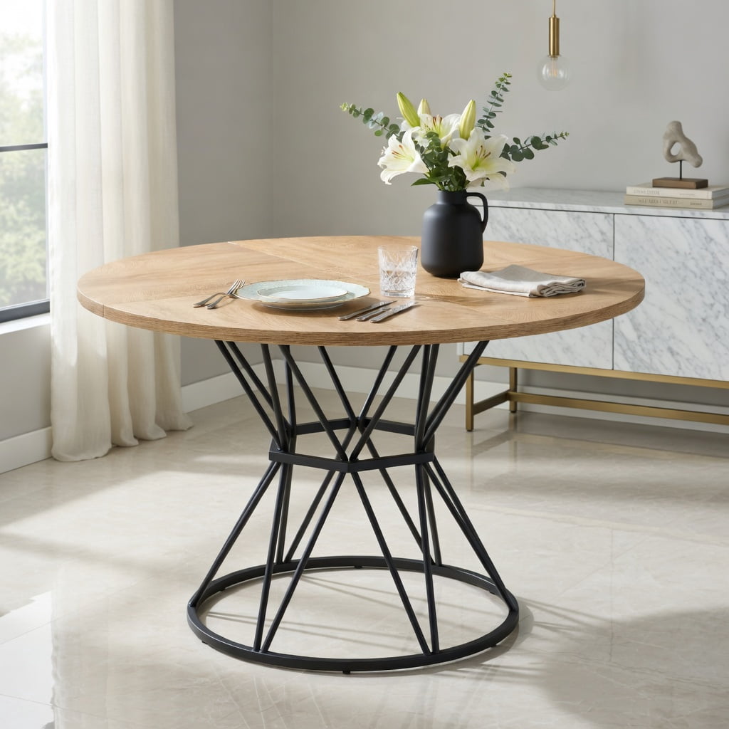 Hommoo 47.3-inch Round Dining Table for 4-6 People, Light Wood Grain MDF Top & Hourglass Metal Base, Modern Industrial Style Kitchen or Dining Room Table, Natural & Black