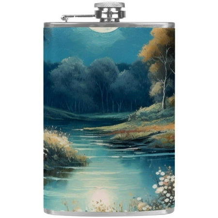 

josid Moon Pattern 3.6x6in Stainless Steel Small Flask Leak-Proof Stainless Steel Construction Wrapped in Premium Two-Layer Leather Nano-Printed Design 227ml Capacity