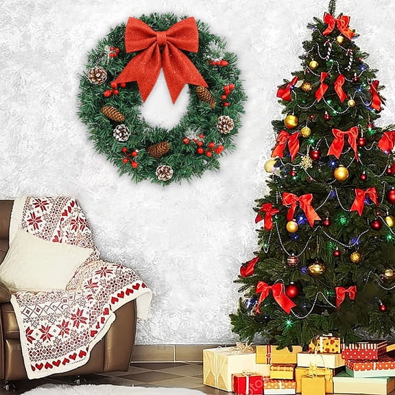 Tuscom 15.74in Multicolor Christmas Wreath with LED Lights, Rattan-Style Plastic Holiday Door Hanging Decoration for Indoor and Outdoor, Festive Bow Pinecones Berries Table Centerpiece Wall Decor