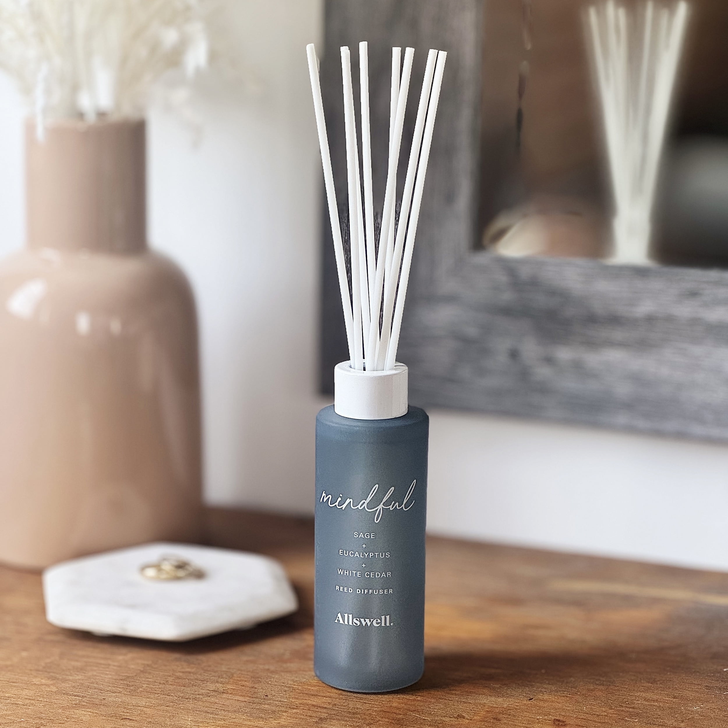 Allswell Mindful (Sage + Eucalyptus + White Cedar) Scented Reed Diffuser 3 Fl Oz (90mL) With 8 Synthetic Reeds.