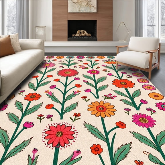 ODIKA 4' x 6' Machine Washable Non-Slip Area Rug, Boho Flower High Traffic Rug, Pink, 391092