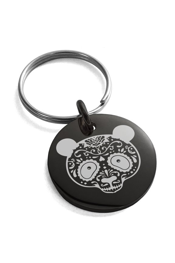 Stainless Steel Day of the Dead Sugar Skull Panda Engraved Small Medallion Circle Charm Keychain Keyring