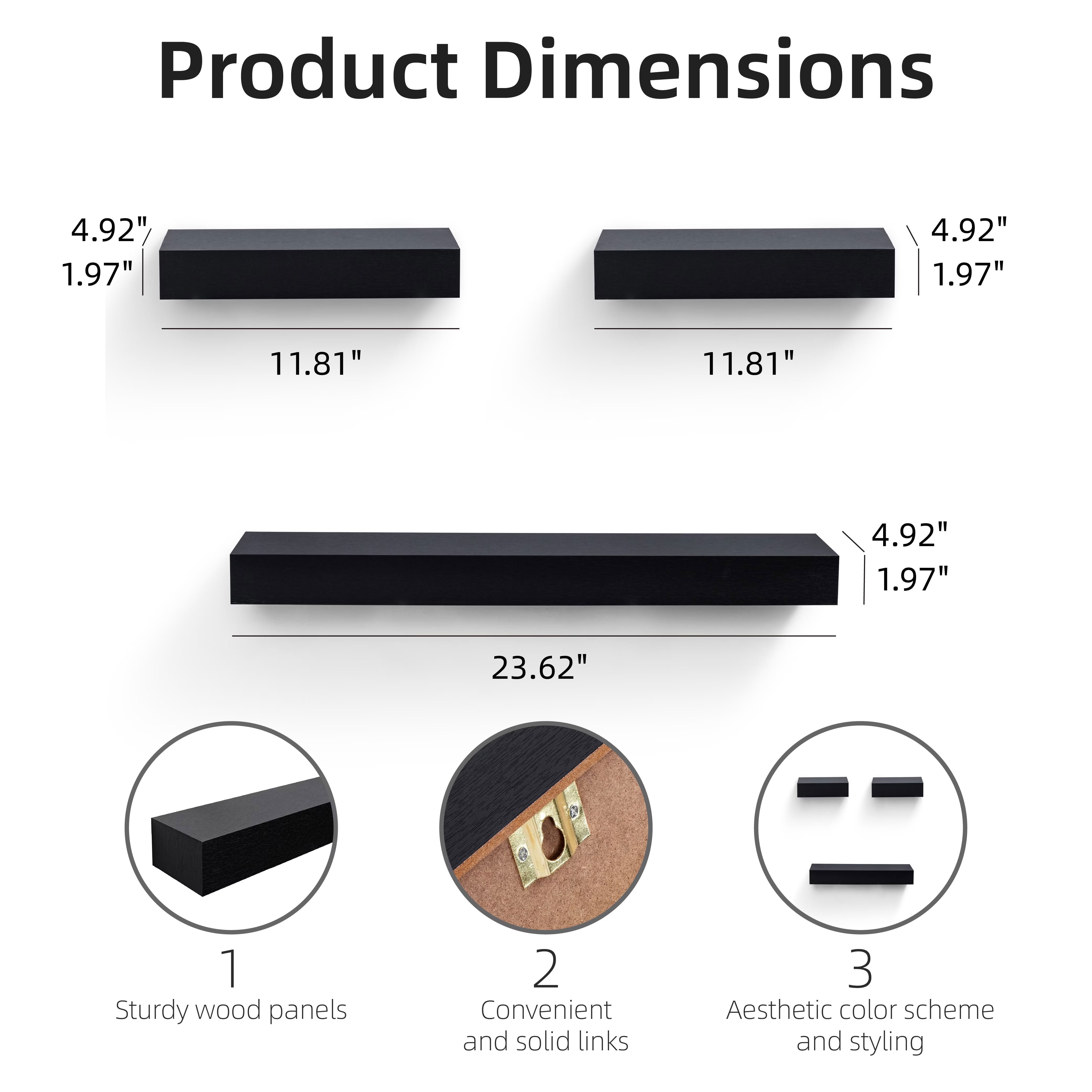 MAYEERTY 3-Piece Floating Shelves, 24" Wood Wall Mounted Display Rack with Invisible Brackets, for Bedroom, Bathroom, Living Room and Kitchen