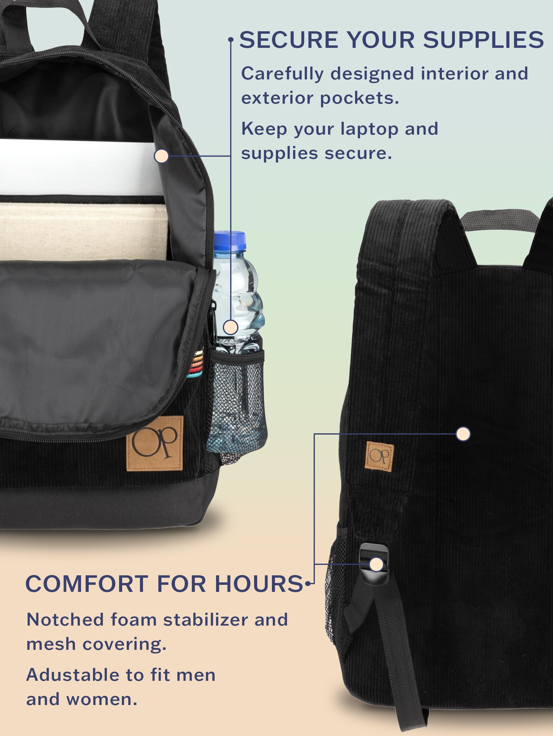 Ocean Pacific OG Corduroy Backpack for Travel, Waterproof College Fits 15.6” Laptop, Adults, Black