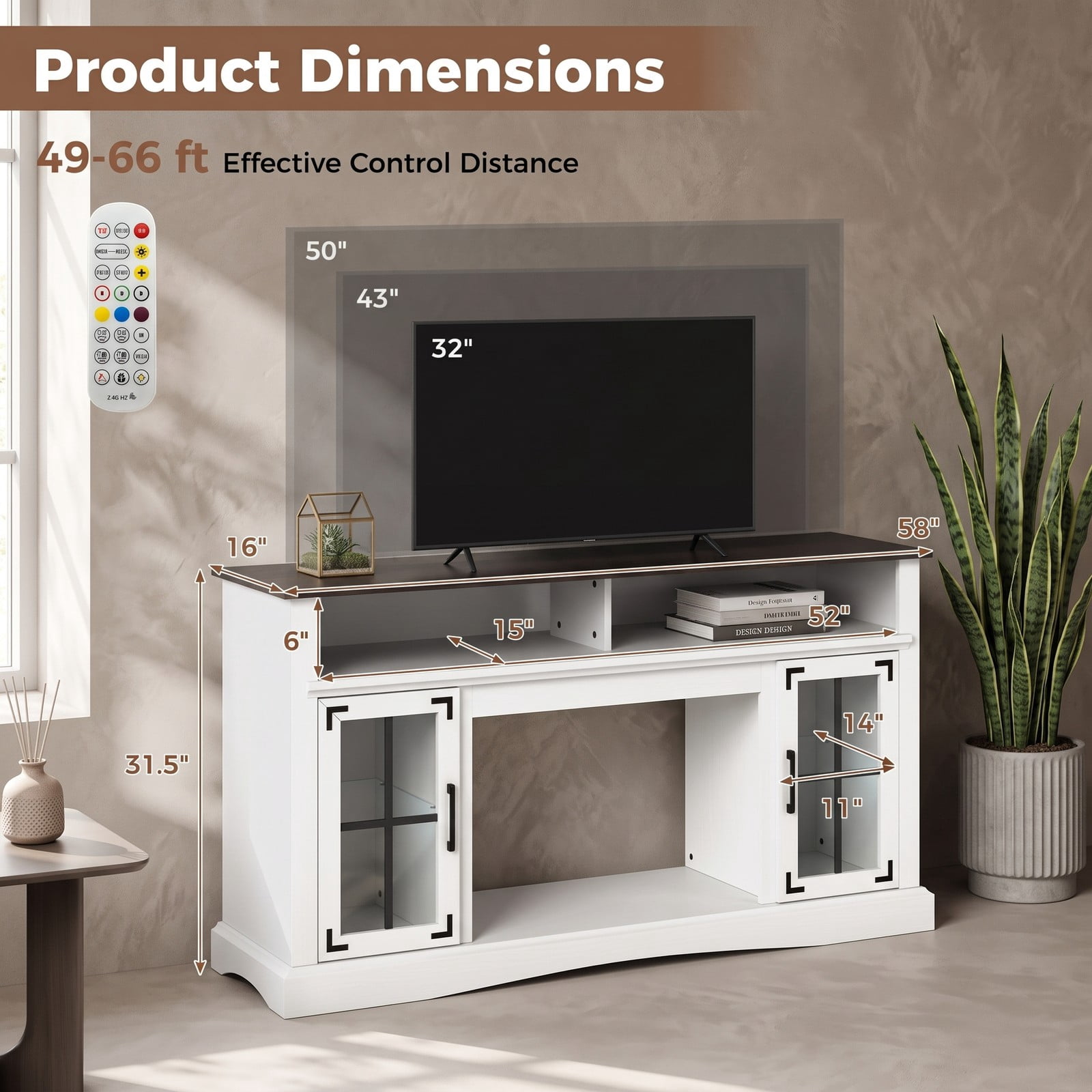 Furnibear LED TV Stand with Remote Control and App, Modern Entertainment Center for TVs up to 50 inches, Media Console with Adjustable Shelf and 2 Open, White