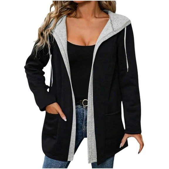 TKLPEHG Fall Fashion 2025 Women's Casual Color Block Jackets Long Sleeve Drawstring Hooded Coat Outwear (Black,M)