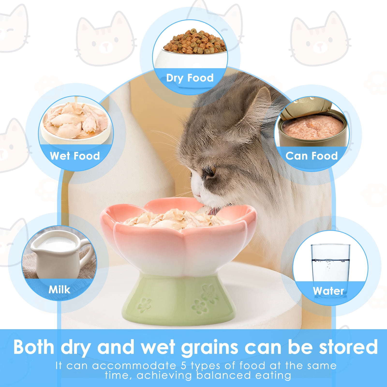 CERAMICS Raised Slow Feeder Cat Bowl, Ceramic Elevated and Titled Glass Food Bowl Small Dogs Slow Feeder, Flower Shaped Cute Cat Dish for Dry and Wet Food (Pink, 5.5")