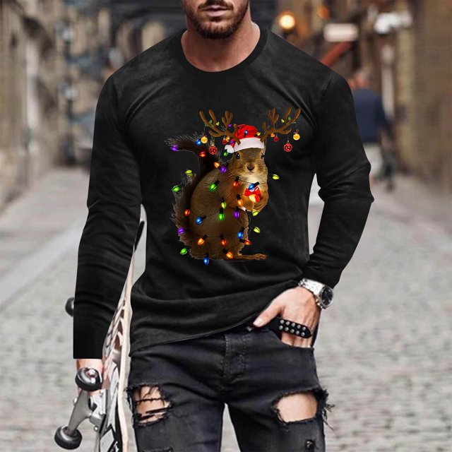 Blusas y camisas de manga larga con cuello redondo para hombre Blusa de manga larga con cuello redondo y estampado navideño para hombre Blusa de poliéster para hombre