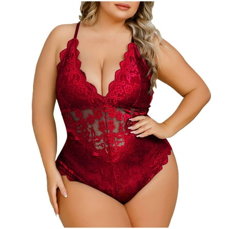 Lolmot Plus Size Lingerie for Women Babydoll Chemise Sexy Lingerie Hollow Out Floral Lace Bodysuit Lingerie Deep V Underwear Nightgown Sleepwear