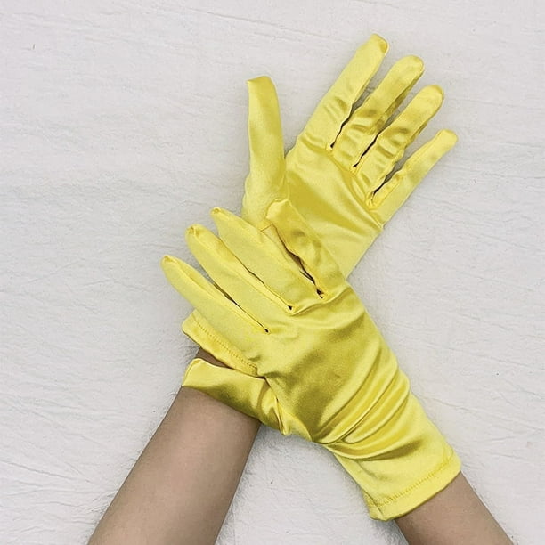 Zhuge Guantes cortos de satén para mujer, guantes para niños y adultos, guantes para bodas, fiestas, guantes hasta la muñeca, guantes de gala, guantes de ópera, amarillos
