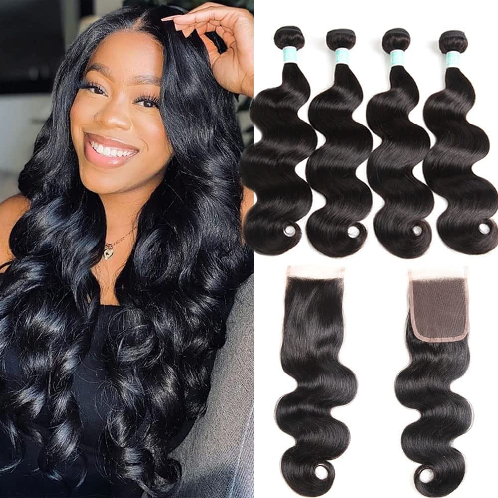 Hair Brazilian Body Wave Bundles With Closure 20 22 24 26 18 Closure 100 Unprocessed Virgin Human Hair 4 Bundles with Lace Closure 4x4 Free part 8a Human Hair Extensions Natural Black Walmart
