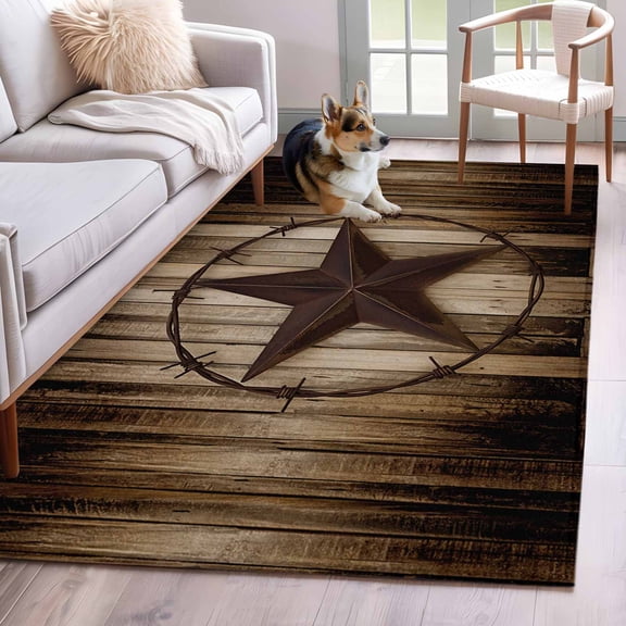 Area Rug 3'x5', Western Star Retro Non-slip Runner Rug Carpet for Bedside, Vintage Brown Wood Barn Washable Outdoor Indoor Area Rugs Mat for Entryway/Living Room/Bedroom/Kitchen/Office