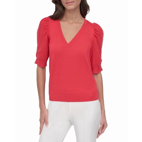 DKNY womens V-Neck Twist Sleeve Sweater, XL, White