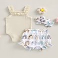 thumbnail image 3 of Toddler Girl Summer Clothes Soild Color Ribbed Romper and Rainbow Shorts with Headband 3Pcs Outfits Set Pink 3-6 Months, 3 of 8