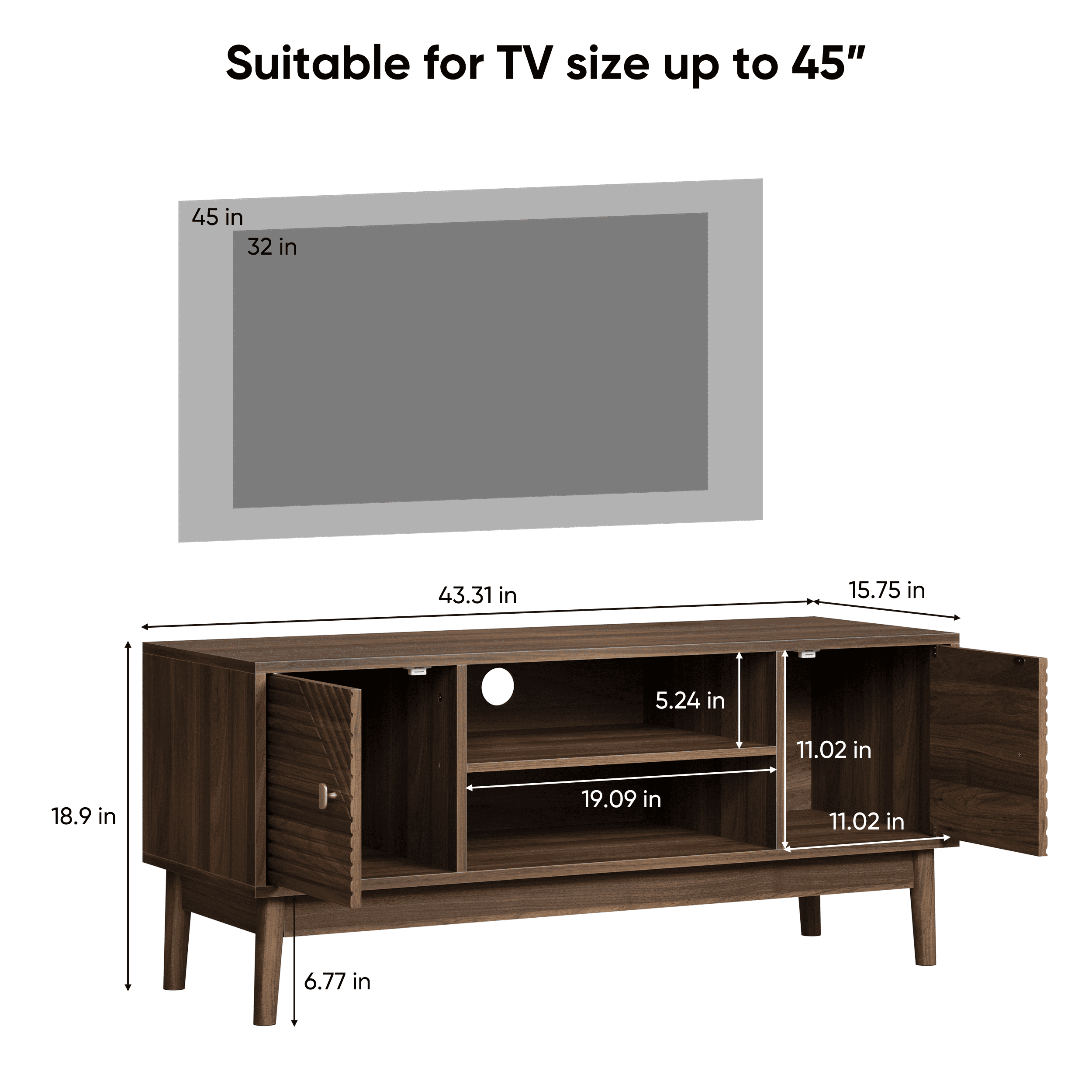 TrumanPick 43.3"TV Stand, Mid-Century Modern for 32/45 inch TV, Farmhouse TV Stand, Entertainment Center with Storage, TV and Media Console for Living Room, Walnut