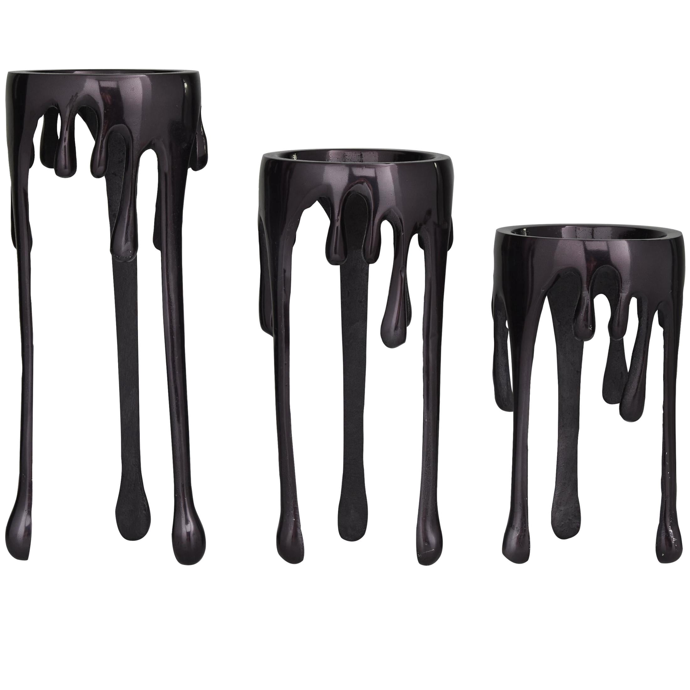 CosmoLiving by Cosmopolitan Contemporary Aluminum 3D Melting Candle Design Candle Holder, Set of 3 12" 10" 8" with Glossy Metallic Black Finish