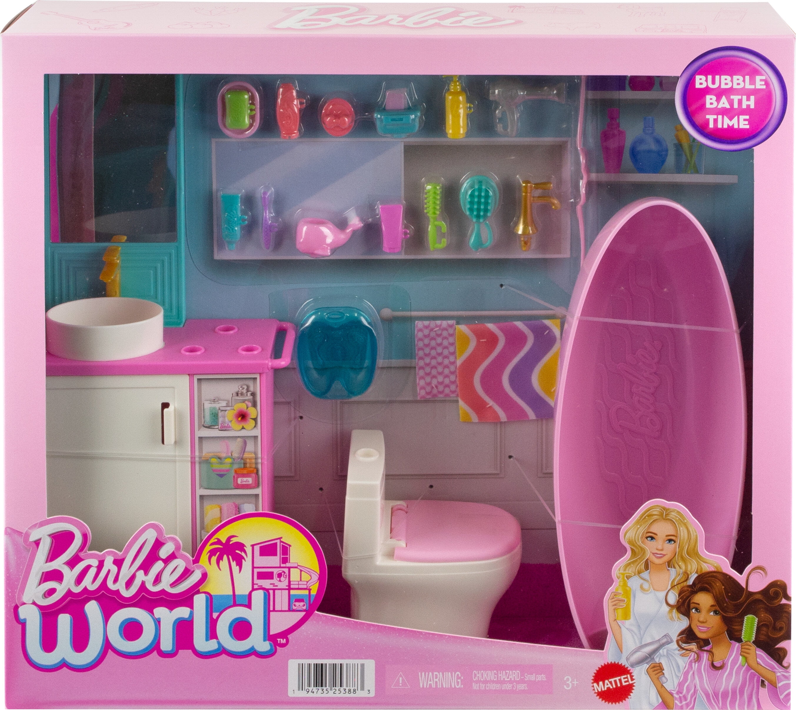 Barbie World Bathtime Toy Playset with 19 Dollhouse Accessories Including Bathtub Toilet Vanity