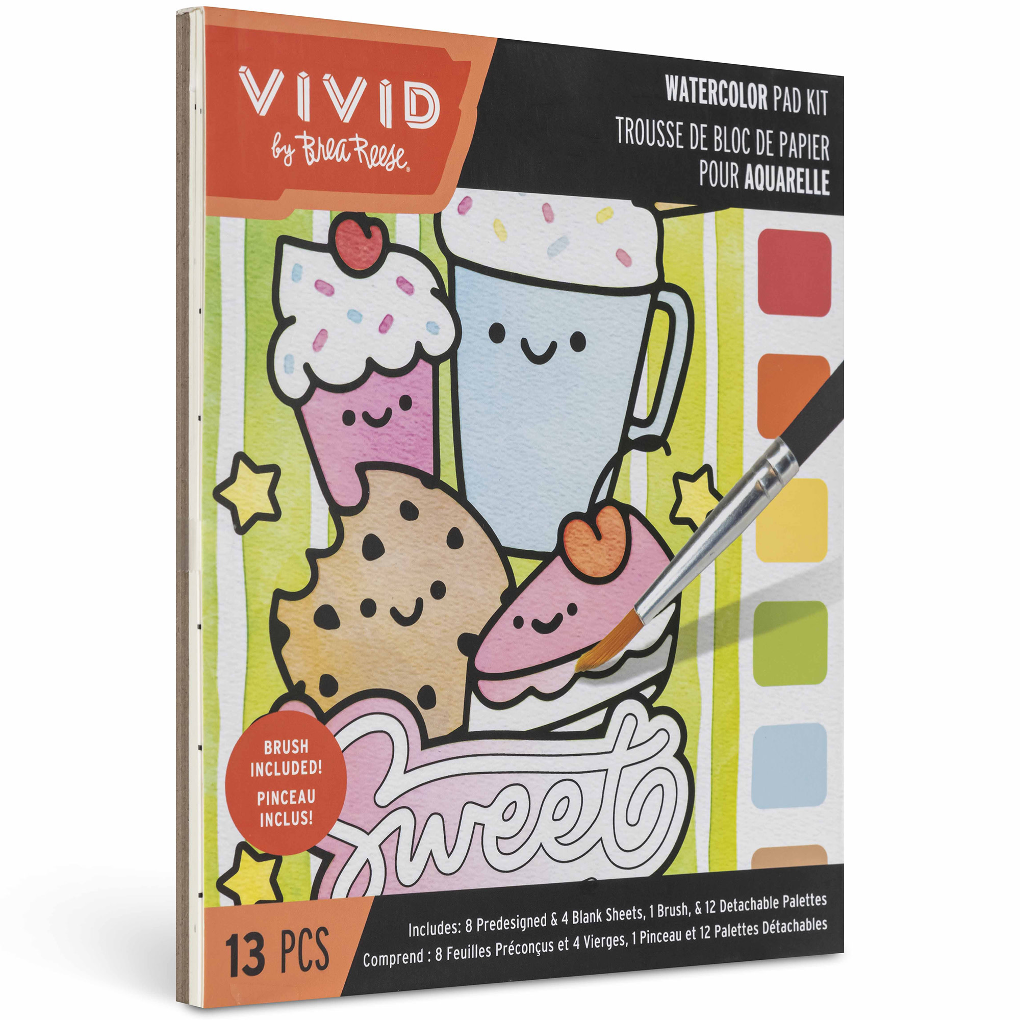 Vivid by Brea Reese: Watercolor Pad Kit - Kawaii Food - 8 Playful Food & Dessert Designs, 4 Blank Sheets, 12 Detachable Paint Palettes, Brush, DIY Art