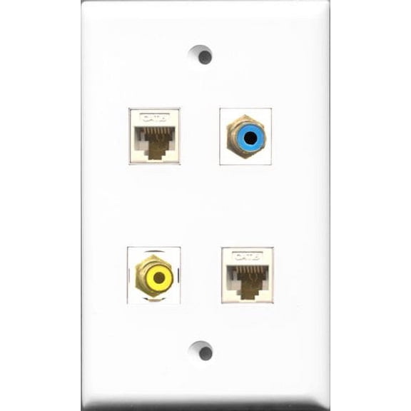 RiteAV 1 Port RCA Yellow and 1 Port RCA Blue 2 Port Cat6 Ethernet White Wall Plate